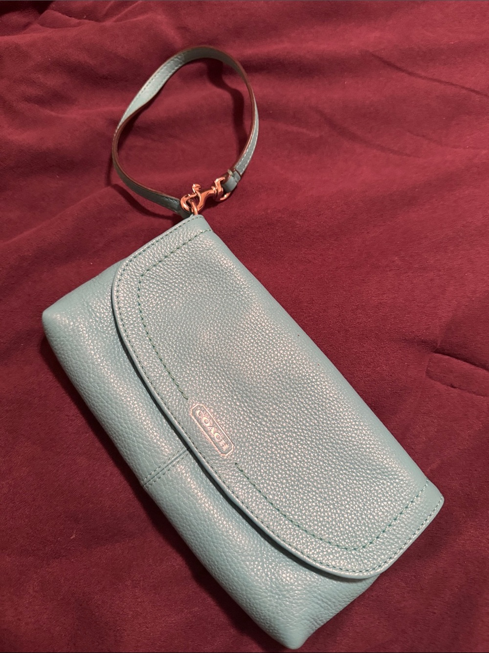 Coach Pebbled Leather Wristlet Clutch in Teal Blue
